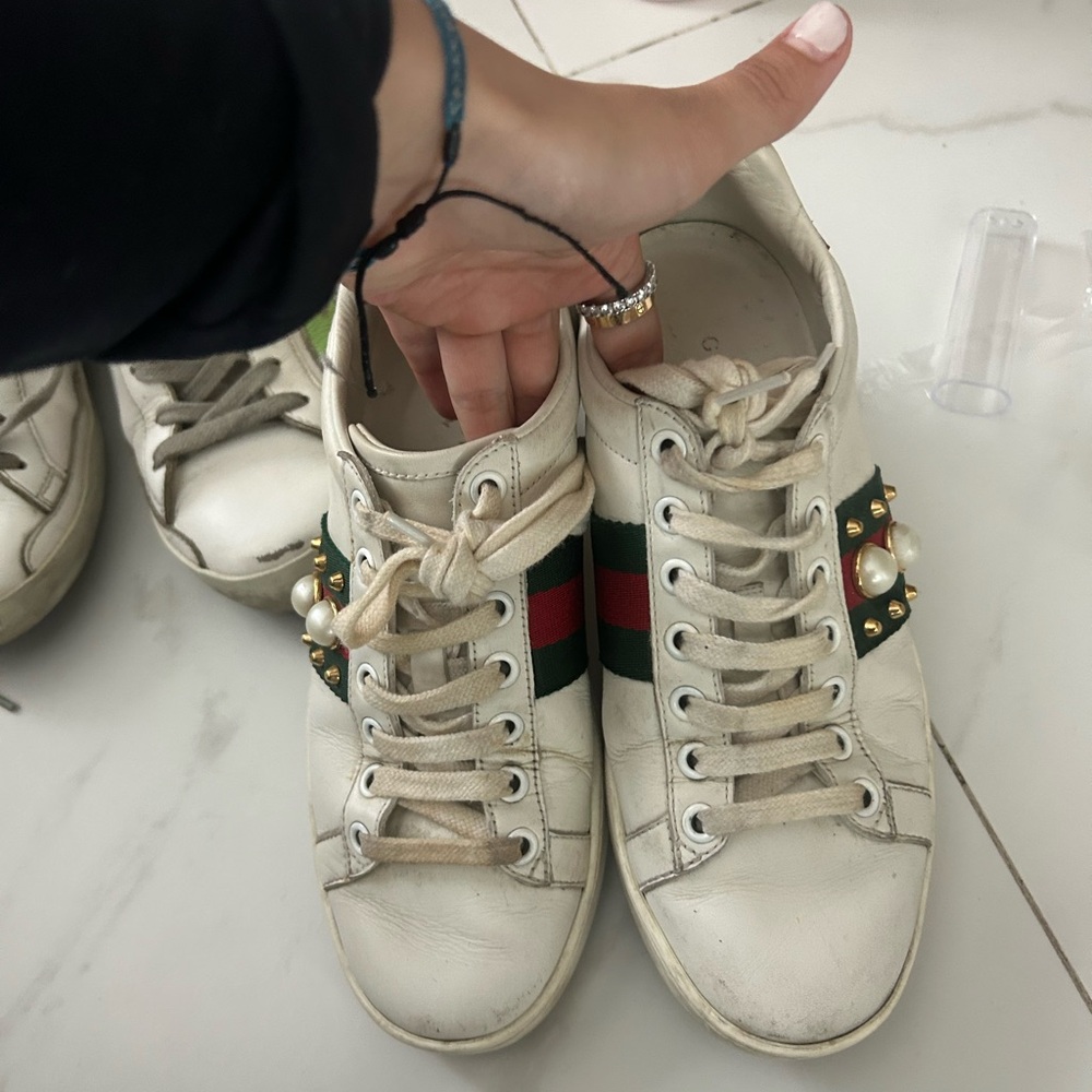 Gucci White Sneakers with Black and Red Accents